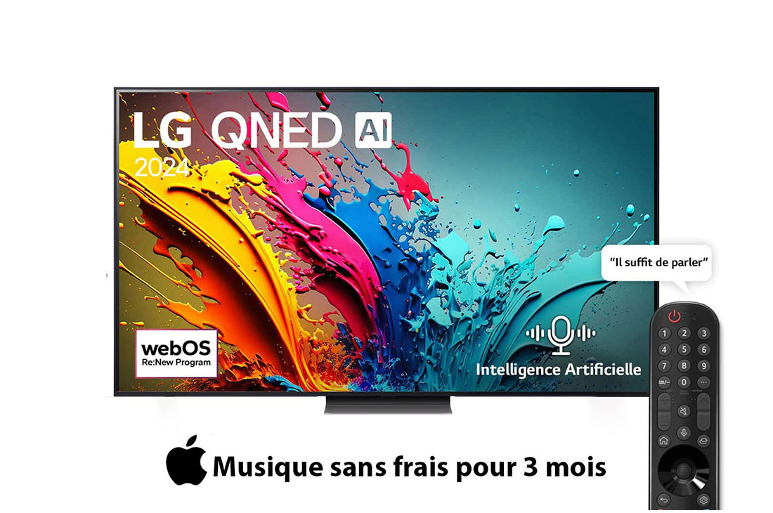 LG Smart TV  LG QNED QNED86 4K, 65 pouces, Télécommande Magique IA HDR10 webOS24 2024, Vue avant d’un téléviseur LG QNED, QNED85 avec le texte LG QNED, 2024 et le logo webOS Re:New Program à l’écran, 65QNED86T6A