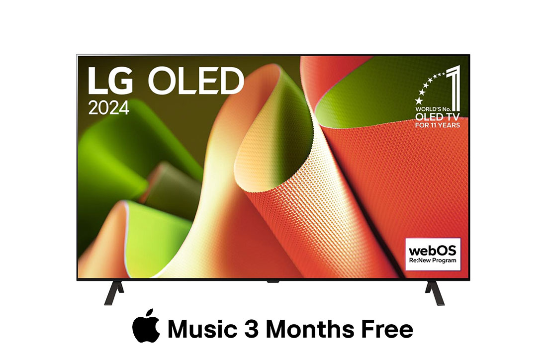 LG Smart TV LG OLED evo B4 4K OLED65B4, 65 pouces, Vue de face avec LG OLED TV, OLED B4, emblème « 11 Years of world number 1 OLED » (TV OLED numéro 1 mondial depuis 11 ans) et logo du programme webOS:New à l’écran avec support à deux pôles, OLED65B46LA