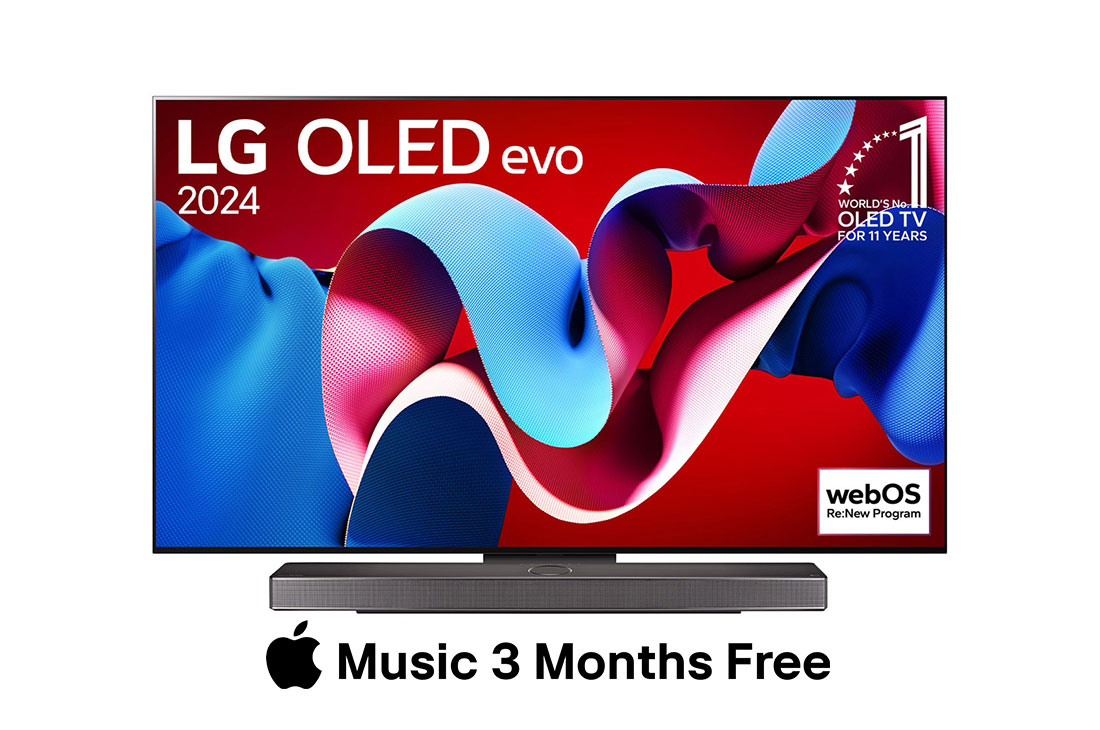 LG Smart TV LG OLED evo C4 4K OLED65C4, 65 pouces, Vue de face avec LG OLED evo TV, OLED C4, emblème « 11 Years of world number 1 OLED » (TV OLED numéro 1 mondial depuis 11 ans) et logo du programme webOS:New à l’écran ainsi que la barre de son LG en , OLED65C46LA