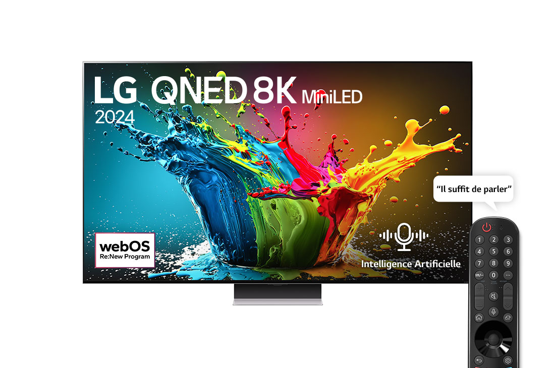 LG Smart TV  LG QNED MiniLED QNED99 8K, 86 pouces, Télécommande Magique IA HDR10 webOS24 2024, Vue avant d’un téléviseur LG QNED, QNED99 avec le texte LG QNED 8K MiniLED, 2025 et le logo webOS Re:New Program à l’écran, 86QNED99T6B