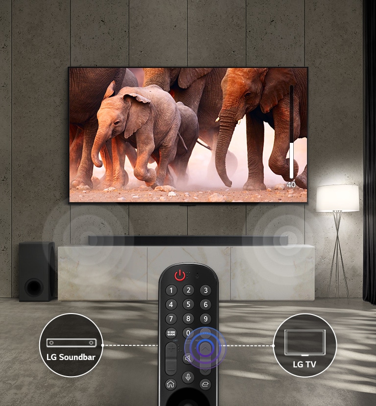 Televisor en una sala con luces sutiles muestra imágenes de elefantes que pasan. Y hay un efecto de sonido en la barra de sonido bajo el televisor. En la parte inferior de la imagen, hay un control remoto y la barra de sonido y el icono del televisor están conectados a la izquierda y a la derecha del control remoto.
