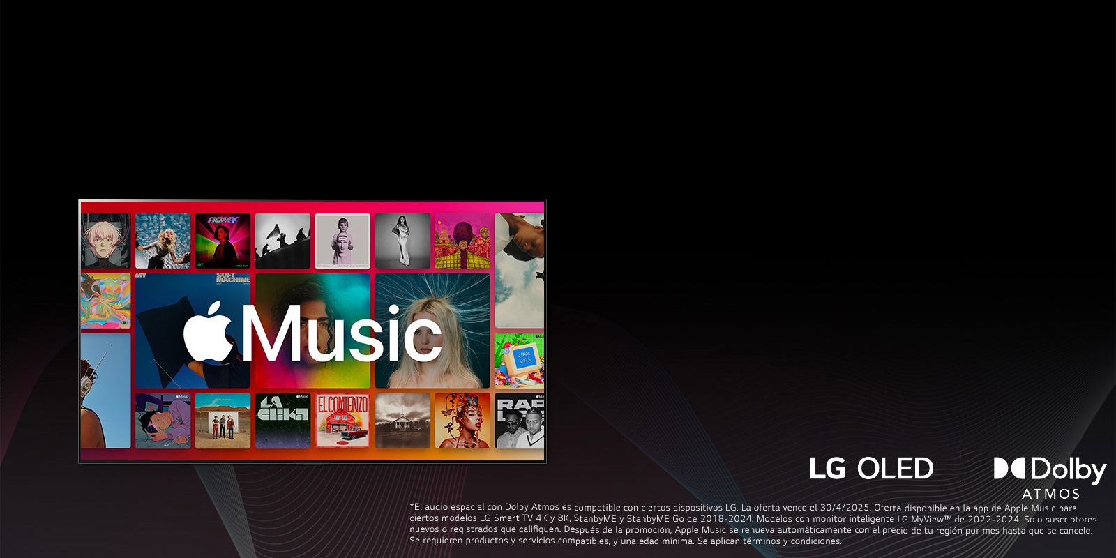 Una cuadrícula con álbumes y el logo de Apple Music superpuesto, con los logos de LG OLED y Dolby Atmos abajo.