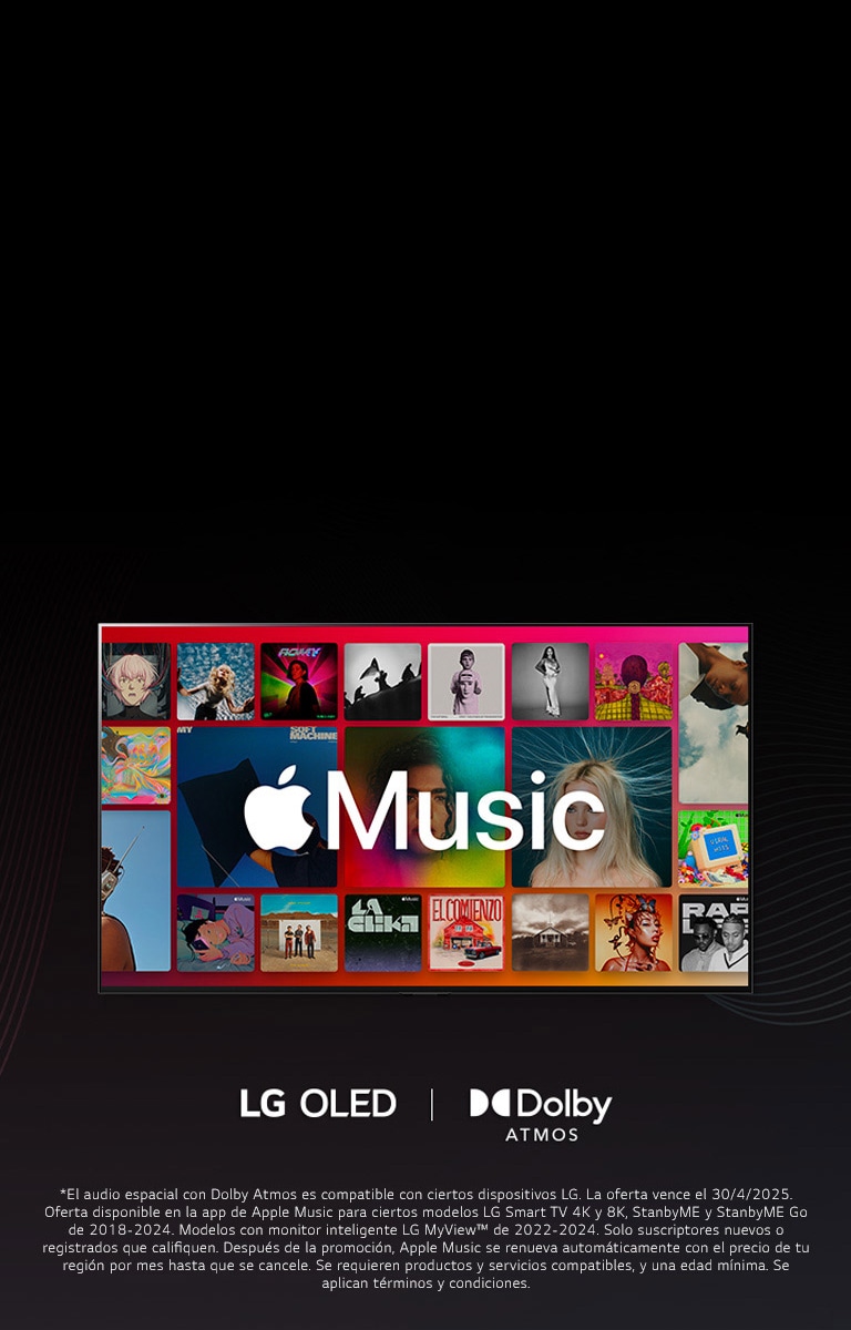 Una cuadrícula con álbumes y el logo de Apple Music superpuesto, con los logos de LG OLED y Dolby Atmos abajo.