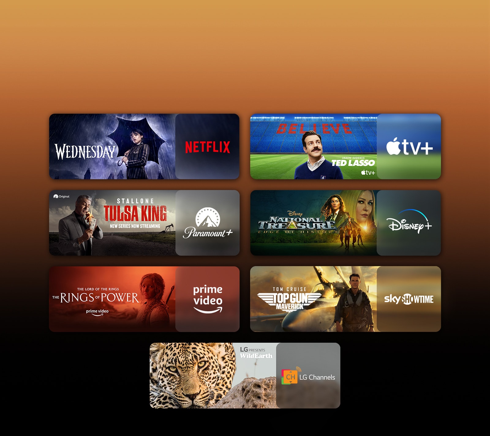 Hay logotipos de plataformas de servicios de transmisión y metrajes coincidentes justo al lado de cada logotipo. Hay imágenes de Merlina de Netflix, TED LASSO de Apple TV, Tulsa King de Paramount+,Tesoro Nacional de Disney Plus, Los Anillos del Poder de PRIME VIDEO, TOP GUN de Sky Showtime y leopardo de LG CHANNELS.