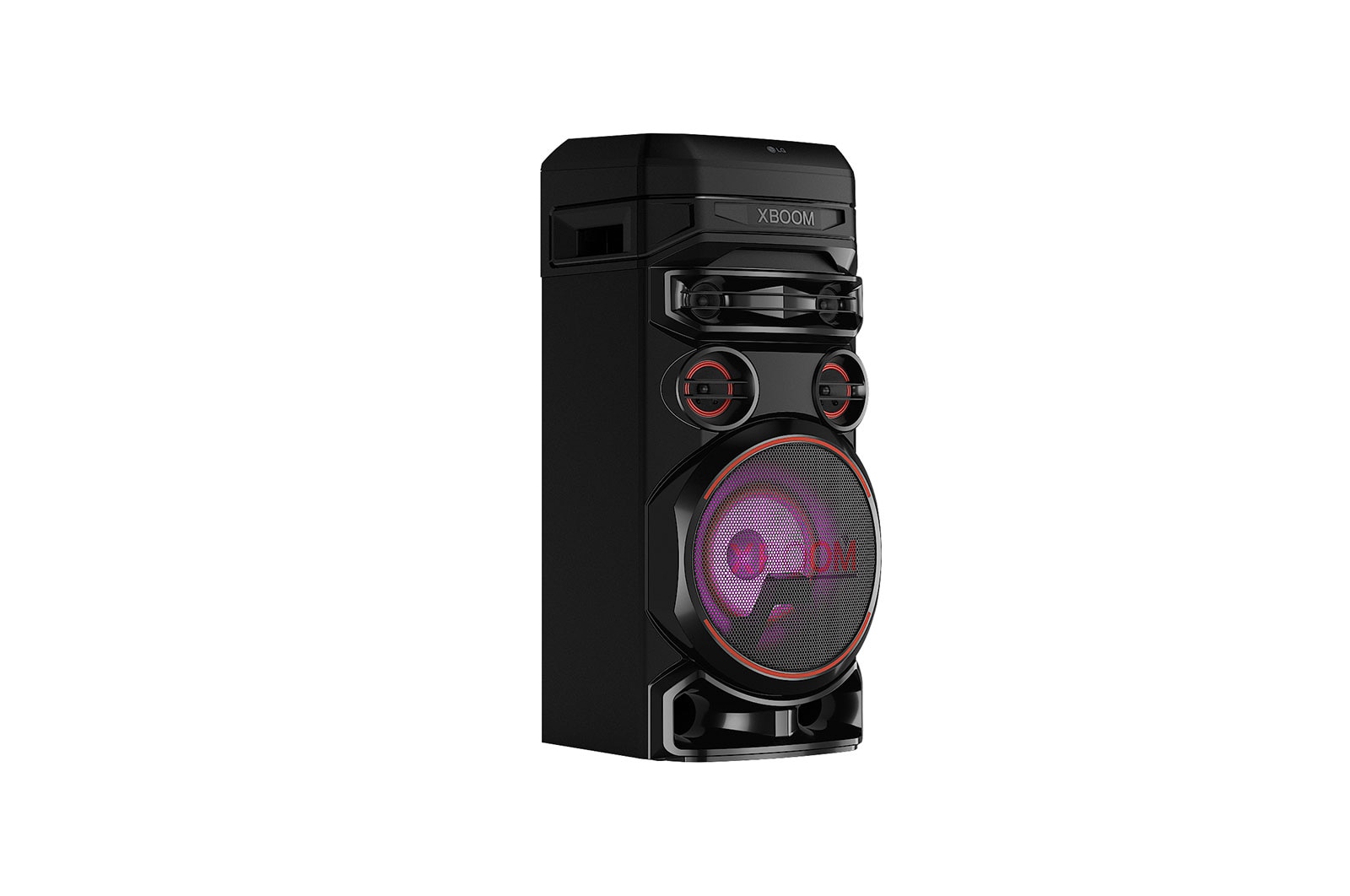LG XBOOM RNC7, vista derecha de 30 grados con iluminación violeta, RNC7