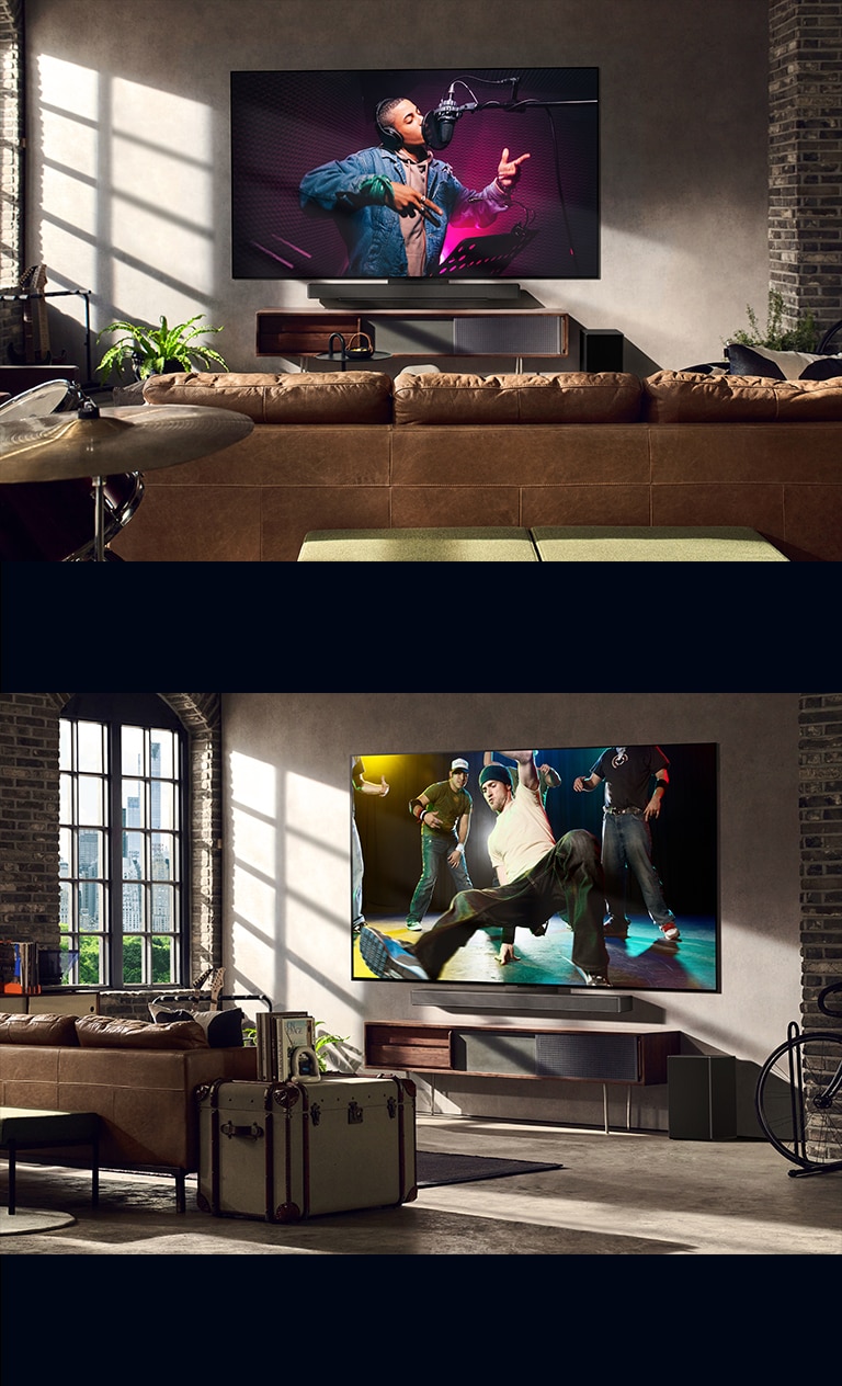 There are three lifestyle images. From top to bottom: three men are enjoying a concert video in the living room. There's an LG TV on the wall displaying a music recording scene, and the LG TV on the wall showing a breaking dance scene in a diagonal view.