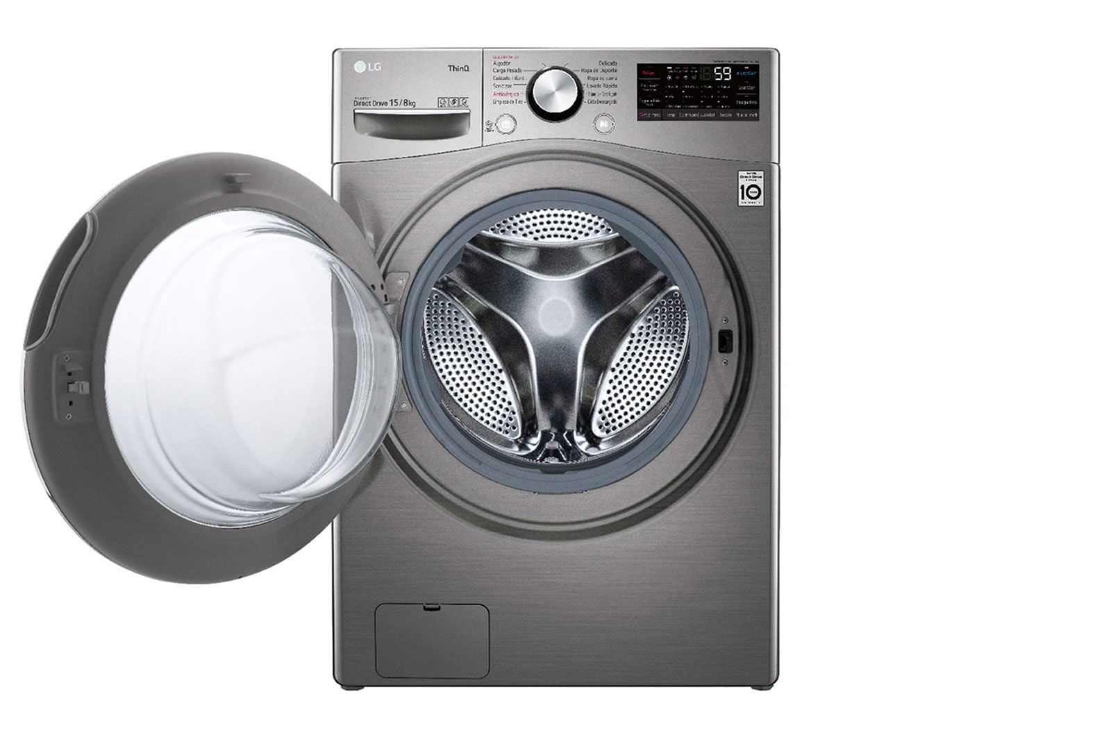 LG Lavadora Secadora 15Kg/8Kg con AIDD™, vista frontal con puerta abierta, WD15EGNTSPG