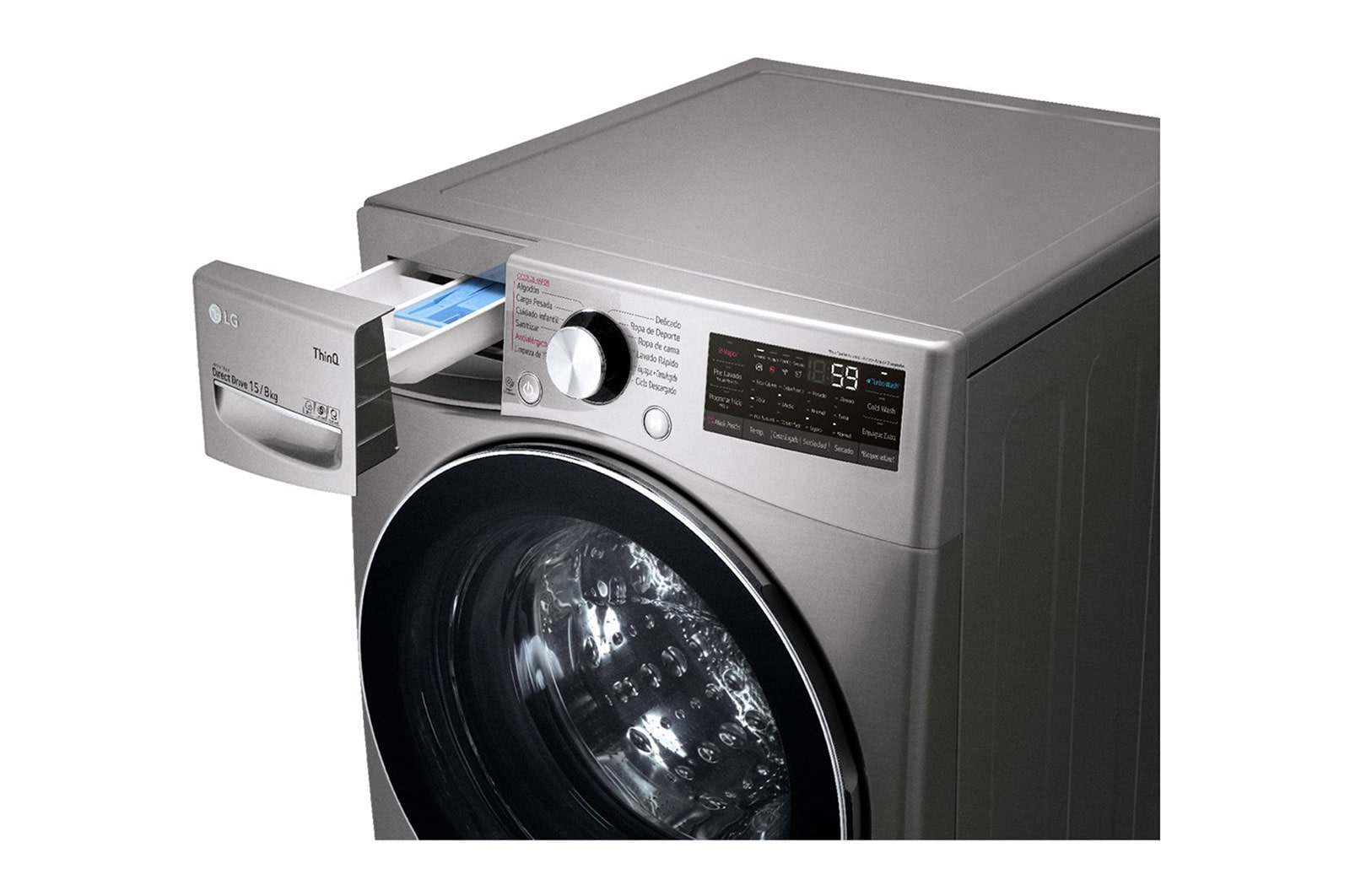 LG Lavadora Secadora 15Kg/8Kg con AIDD™, vista superior direcha con el cajetin de detergente y suavizante abiertos, WD15EGNTSPG