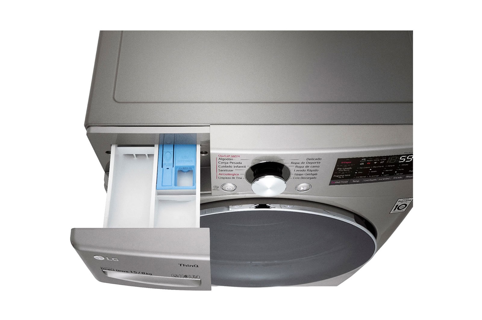 LG Lavadora Secadora 15Kg/8Kg con AIDD™, vista superior izquierda en primer plano, WD15EGNTSPG