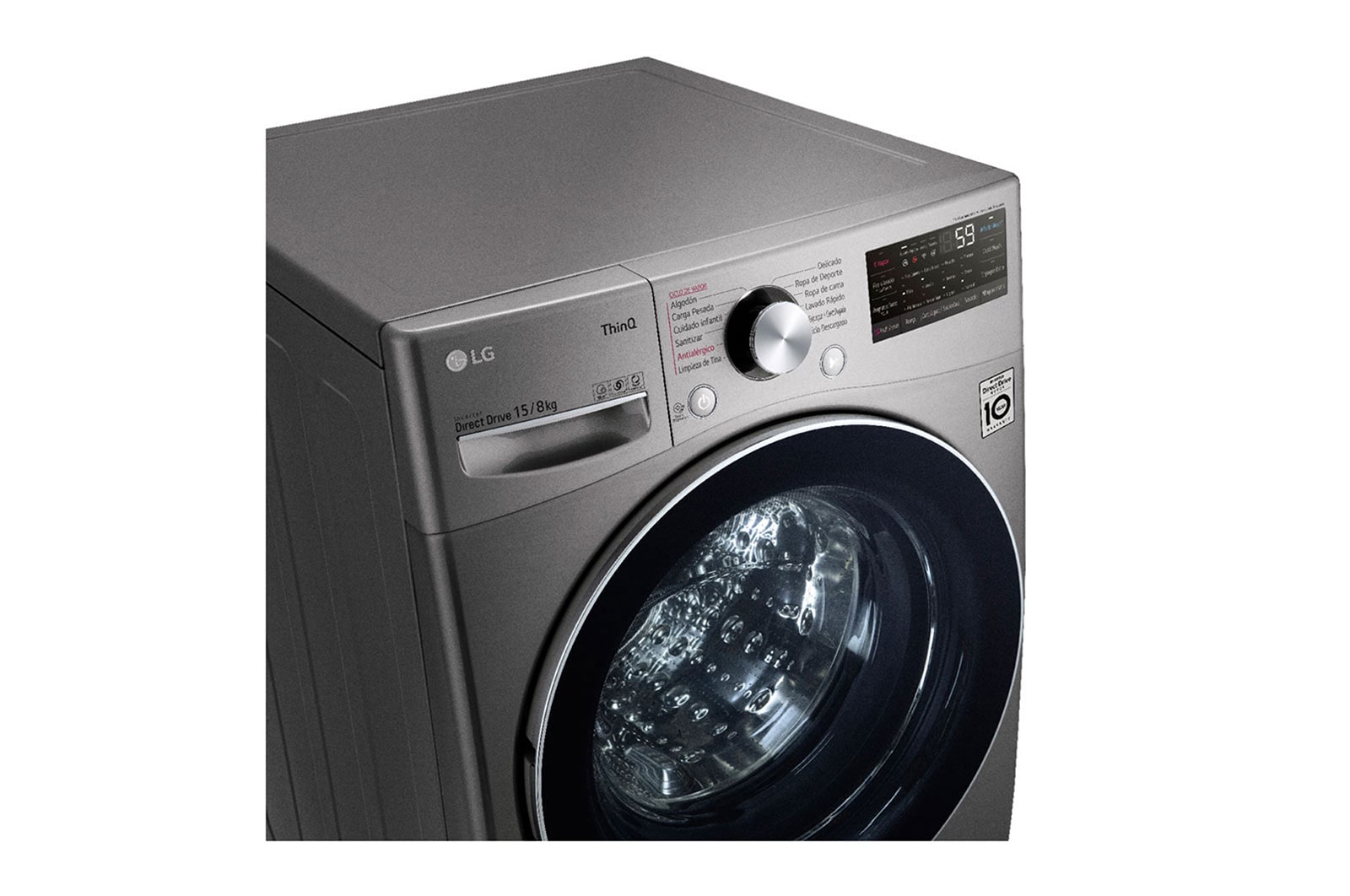 LG Lavadora Secadora 15Kg/8Kg con AIDD™, vista superior frontal con el cajetin de detergente y suavizante abiertos, WD15EGNTSPG