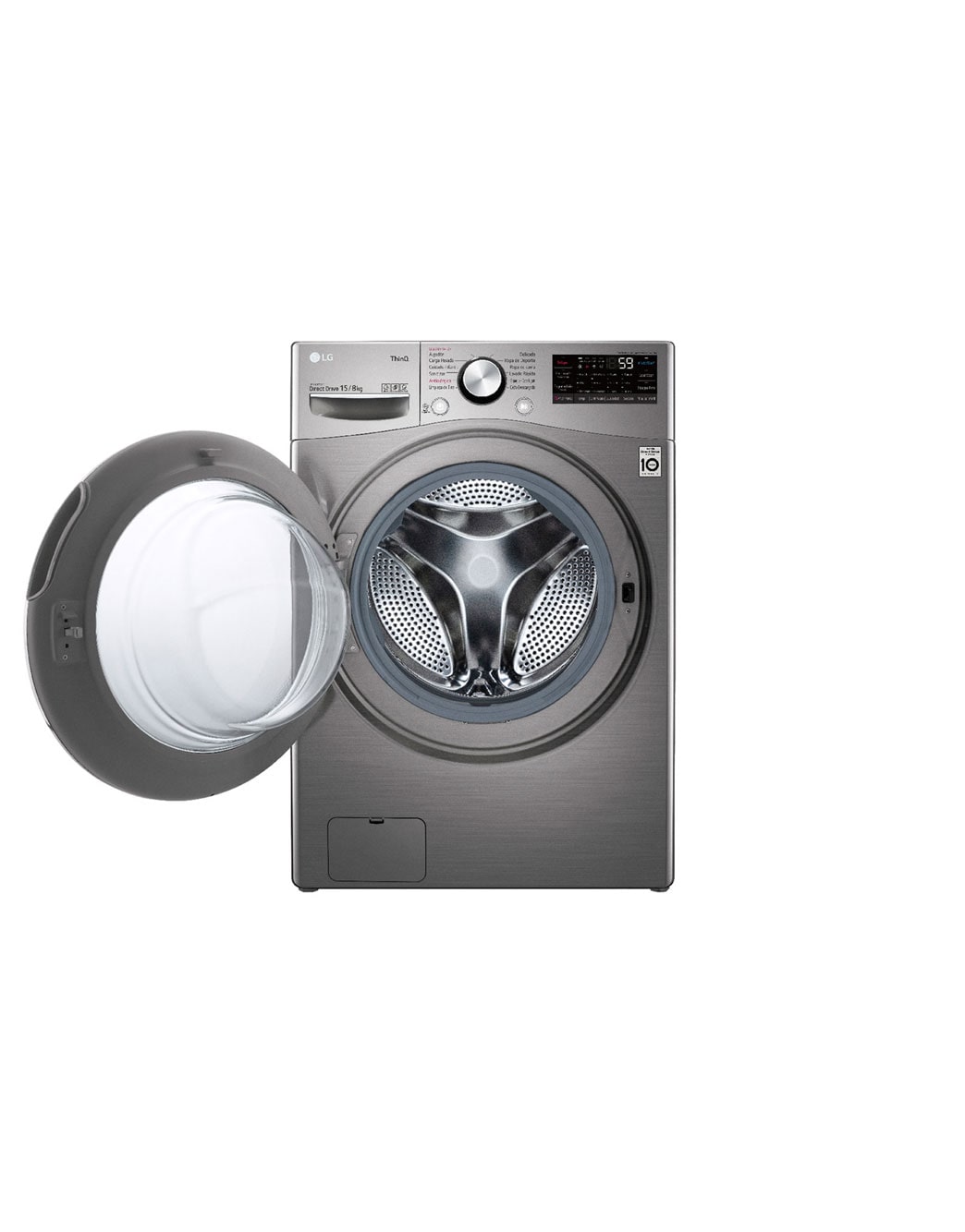 LG Lavadora Secadora 15Kg/8Kg con AIDD™, vista frontal con puerta abierta, WD15EGNTSPG