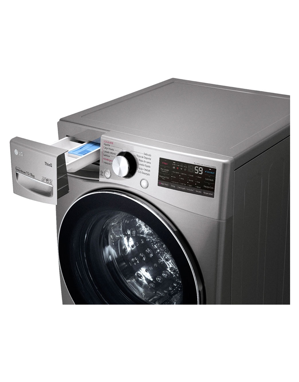 LG Lavadora Secadora 15Kg/8Kg con AIDD™, vista superior direcha con el cajetin de detergente y suavizante abiertos, WD15EGNTSPG