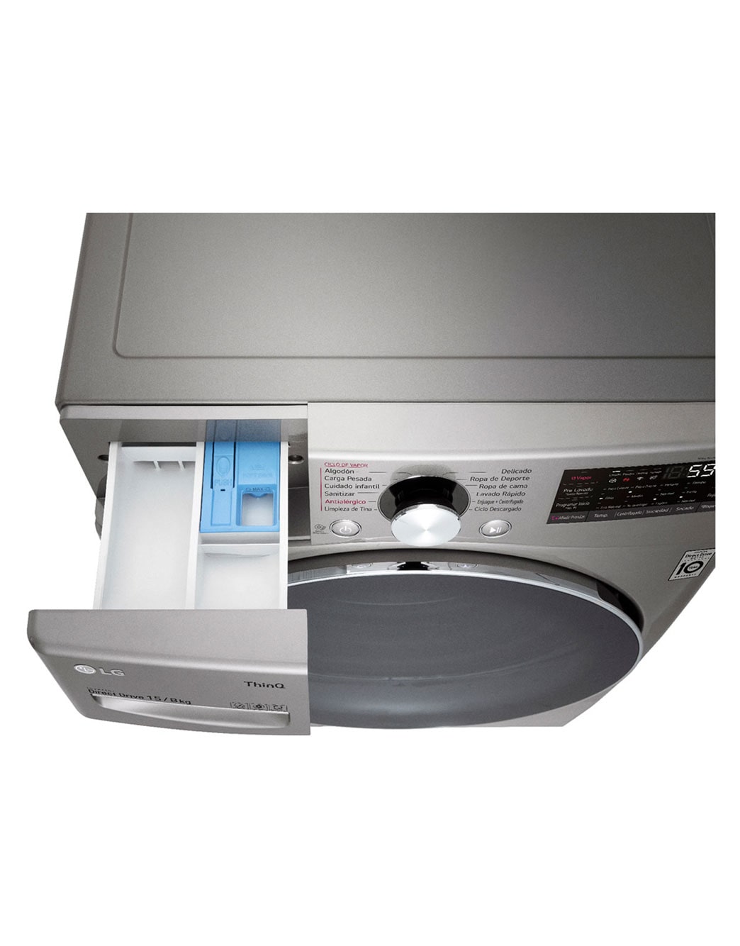 LG Lavadora Secadora 15Kg/8Kg con AIDD™, vista superior izquierda en primer plano, WD15EGNTSPG