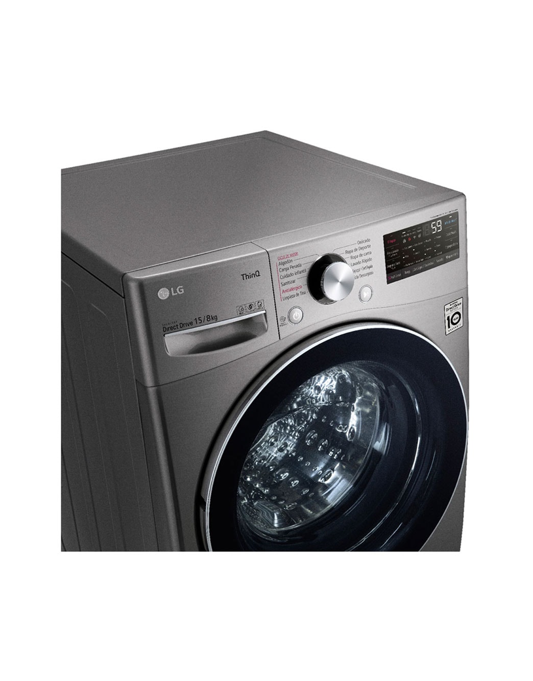 LG Lavadora Secadora 15Kg/8Kg con AIDD™, vista superior frontal con el cajetin de detergente y suavizante abiertos, WD15EGNTSPG