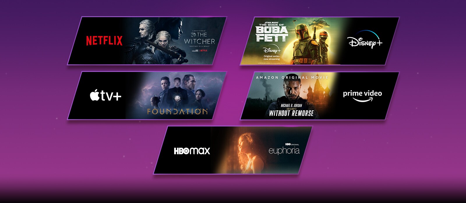 Hay cinco bloques de imágenes: cada uno con el logotipo de la plataforma de streaming y la imagen de las grabaciones. El logotipo de Netflix con The Witcher, el logotipo de Disney Plus con Boba Fett, el logotipo de Apple TV Plus con Foundation, el logotipo de Prime Video con Sin remordimientos y el logotipo de HBO Max con Euforia.