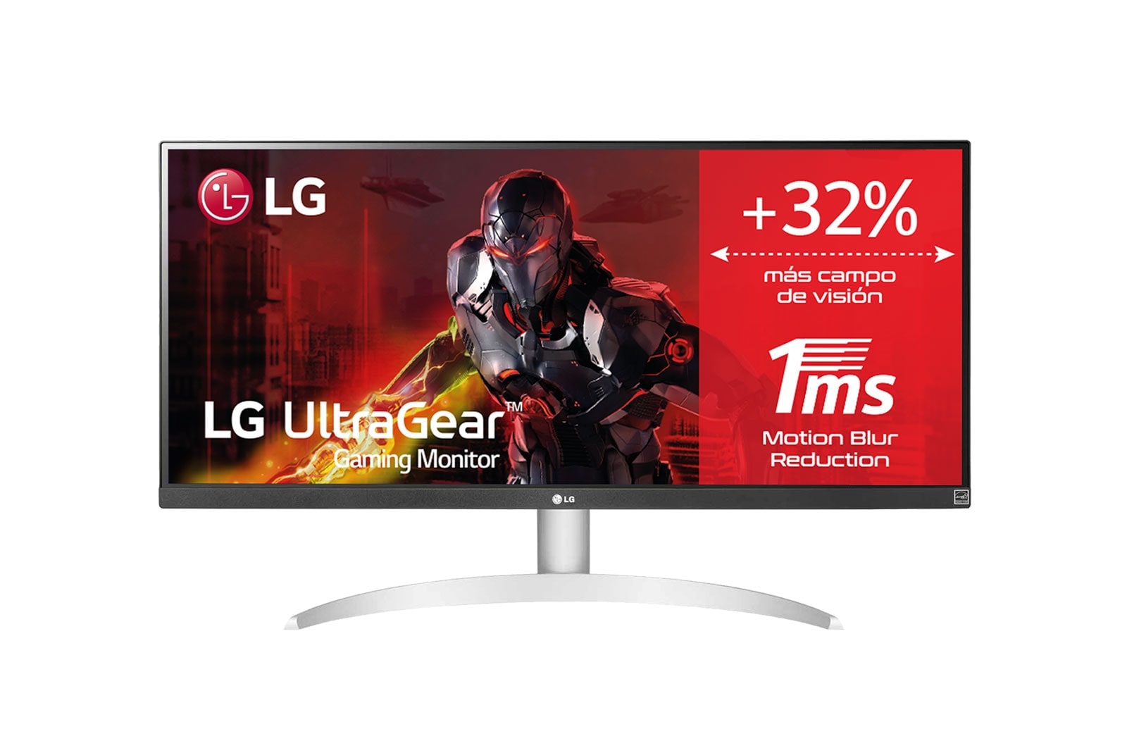 LG 29WQ600-W - Monitor Ultrapanorámico 21:9 LG UltraWide (Panel IPS: 2560x1080, 300cd/m², 1000:1, sRGB>99%); diag. 73cm; entr.: HDMIx1; DPx1; Altavoces estéreo de 7W con tecnología MaxxAudio®, Vista frontal, 29WQ600-W