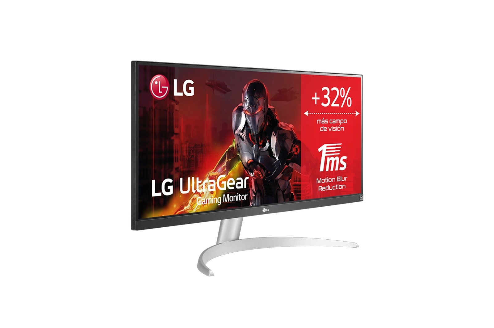LG 29WQ600-W - Monitor Ultrapanorámico 21:9 LG UltraWide (Panel IPS: 2560x1080, 300cd/m², 1000:1, sRGB>99%); diag. 73cm; entr.: HDMIx1; DPx1; Altavoces estéreo de 7W con tecnología MaxxAudio®, vista de perspectiva, 29WQ600-W