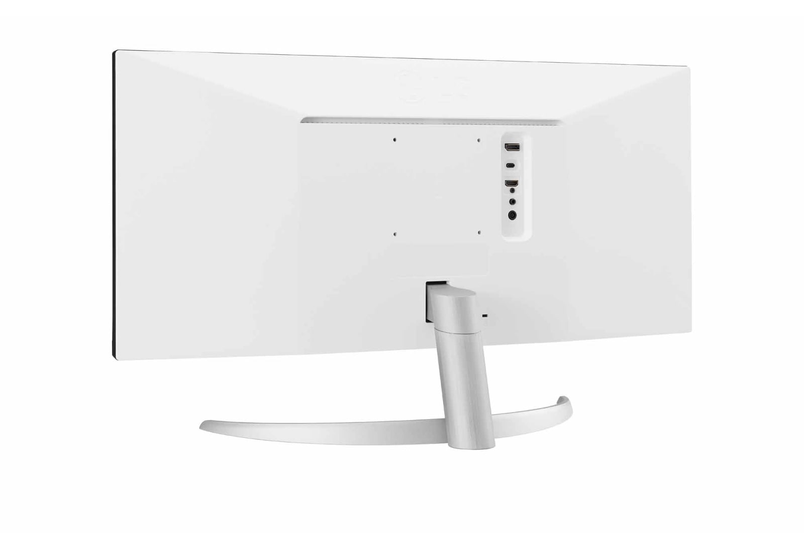 LG 29WQ600-W - Monitor Ultrapanorámico 21:9 LG UltraWide (Panel IPS: 2560x1080, 300cd/m², 1000:1, sRGB>99%); diag. 73cm; entr.: HDMIx1; DPx1; Altavoces estéreo de 7W con tecnología MaxxAudio®, vista en perspectiva trasera, 29WQ600-W