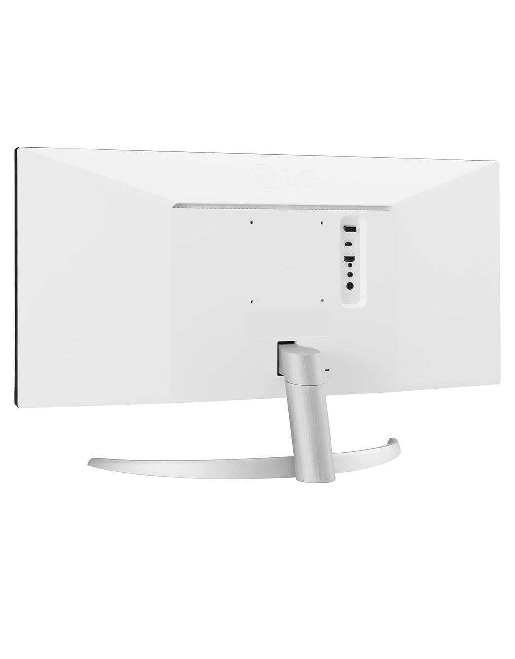 LG 29WQ600-W - Monitor Ultrapanorámico 21:9 LG UltraWide (Panel IPS: 2560x1080, 300cd/m², 1000:1, sRGB>99%); diag. 73cm; entr.: HDMIx1; DPx1; Altavoces estéreo de 7W con tecnología MaxxAudio®, vista en perspectiva trasera, 29WQ600-W