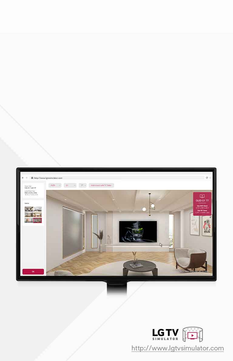 Esta es una imagen explicativa de un simulador que permite colocar  todos los modelos de televisores LG en un espacio virtual.