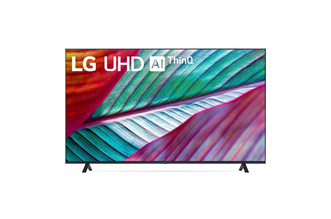 LG UHD 4K AI ThinQ 43'', Vista frontal da TV LG UHD com imagem de preenchimento e logotipo do produto sobre si, 43UR8750PSA