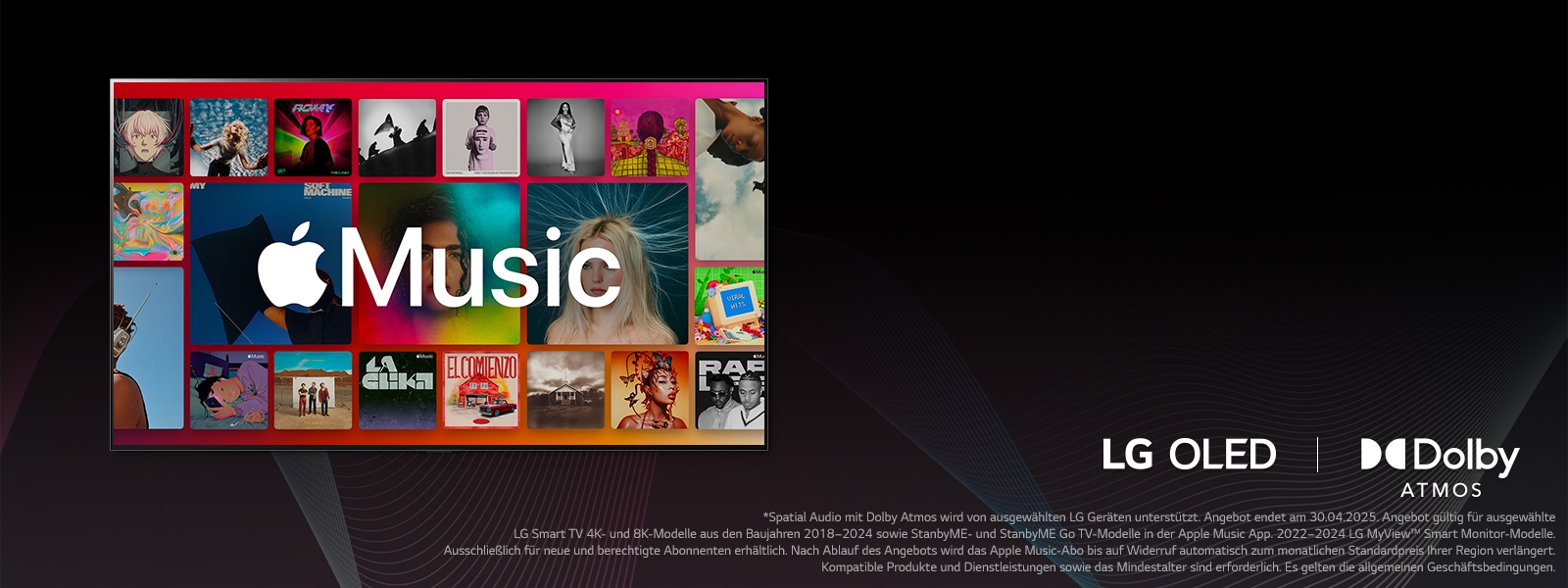 Das Apple Music-Logo über Musikalben, die in einem Raster angeordnet sind. Darunter sind die LG OLED- und Dolby Atmos-Logos platziert.