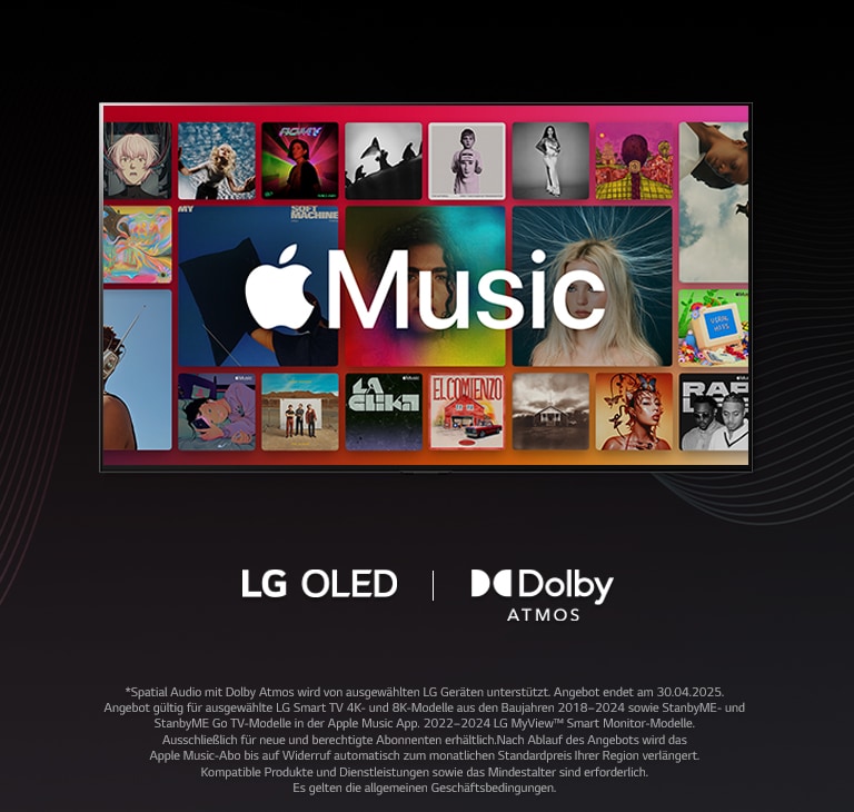 Das Apple Music-Logo über Musikalben, die in einem Raster angeordnet sind. Darunter sind die LG OLED- und Dolby Atmos-Logos platziert.