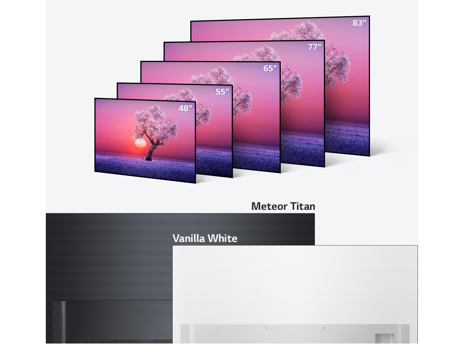 Gamma di prodotti TV LG OLED in varie dimensioni da 48 pollici a 83 pollici e nei colori nero chiaro e bianco vaniglia