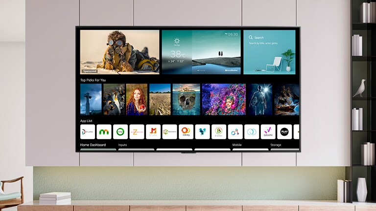 Un televisore mostra la schermata iniziale ridisegnata con contenuti personalizzati e canali TV