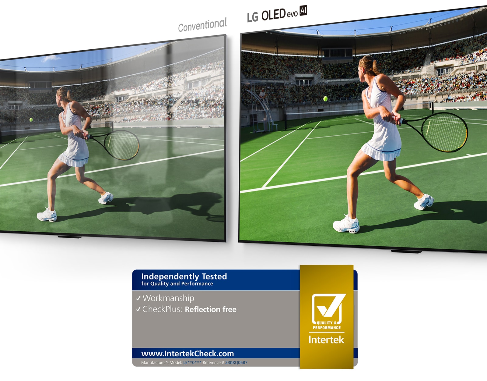 Links ist ein herkömmlicher Fernseher zu sehen, der einen Tennisspieler in einem Stadion zeigt – die Reflexion des Raumes ist deutlich erkennbar. Rechts zeigt ein LG OLED evo AI G4 dasselbe Bild eines Tennisspielers in einem Stadion ohne Reflexion des Raumes. Außerdem erscheint das Bild leuchtender und farbenfroher.