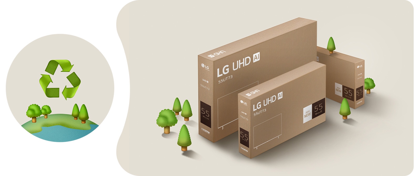 LG-UHD-Verpackung vor einem beigen Hintergrund mit illustrierten Bäumen. 	