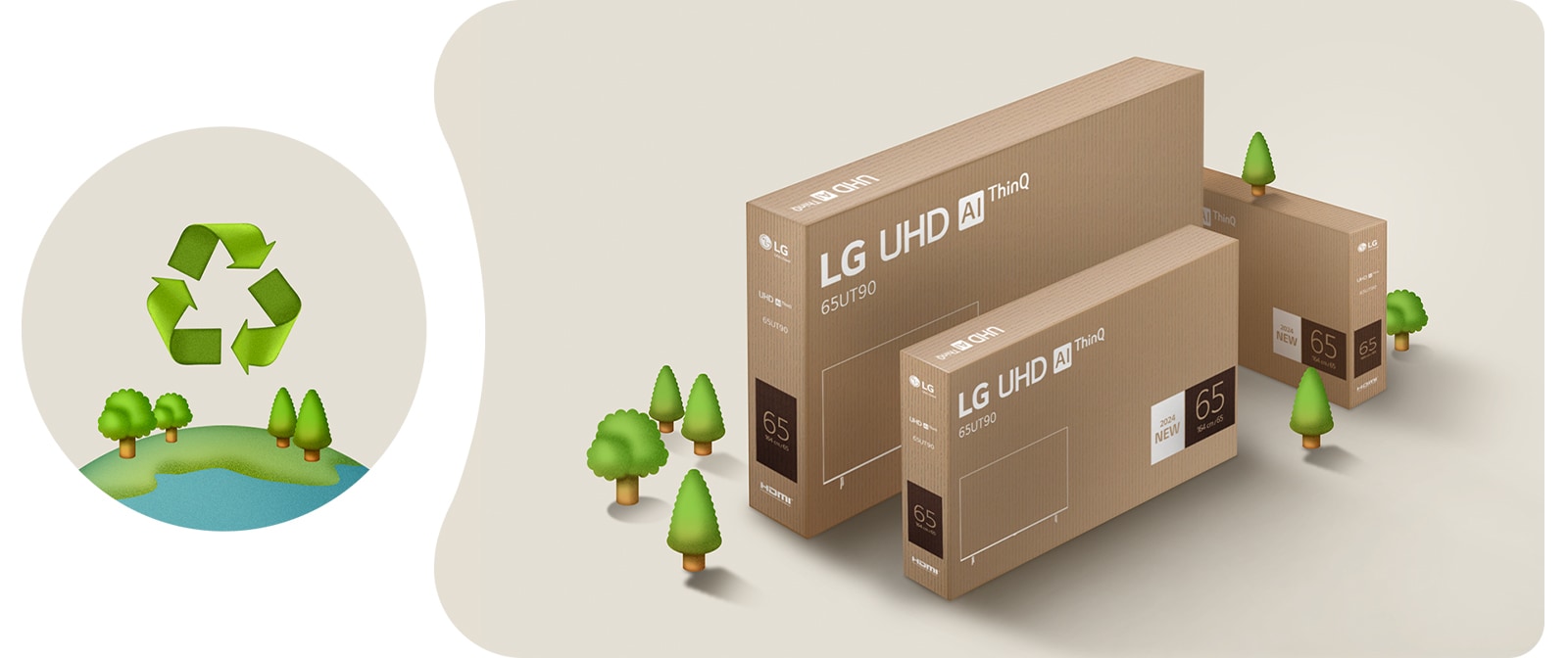 LG-UHD-Verpackung vor einem beigen Hintergrund mit illustrierten Bäumen. 	