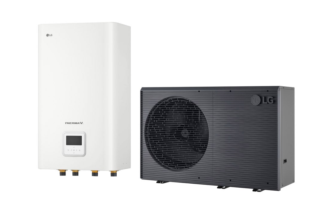 LG R290 Monoblock Hydro-Gerät, 3Ø, 9kW, LG Luft-Wasser-Wärmepumpe THERMA V, schwarzes Außengerät mit grauem Wellengitter	, HN1639HC NK0 + HM093HFX UB60