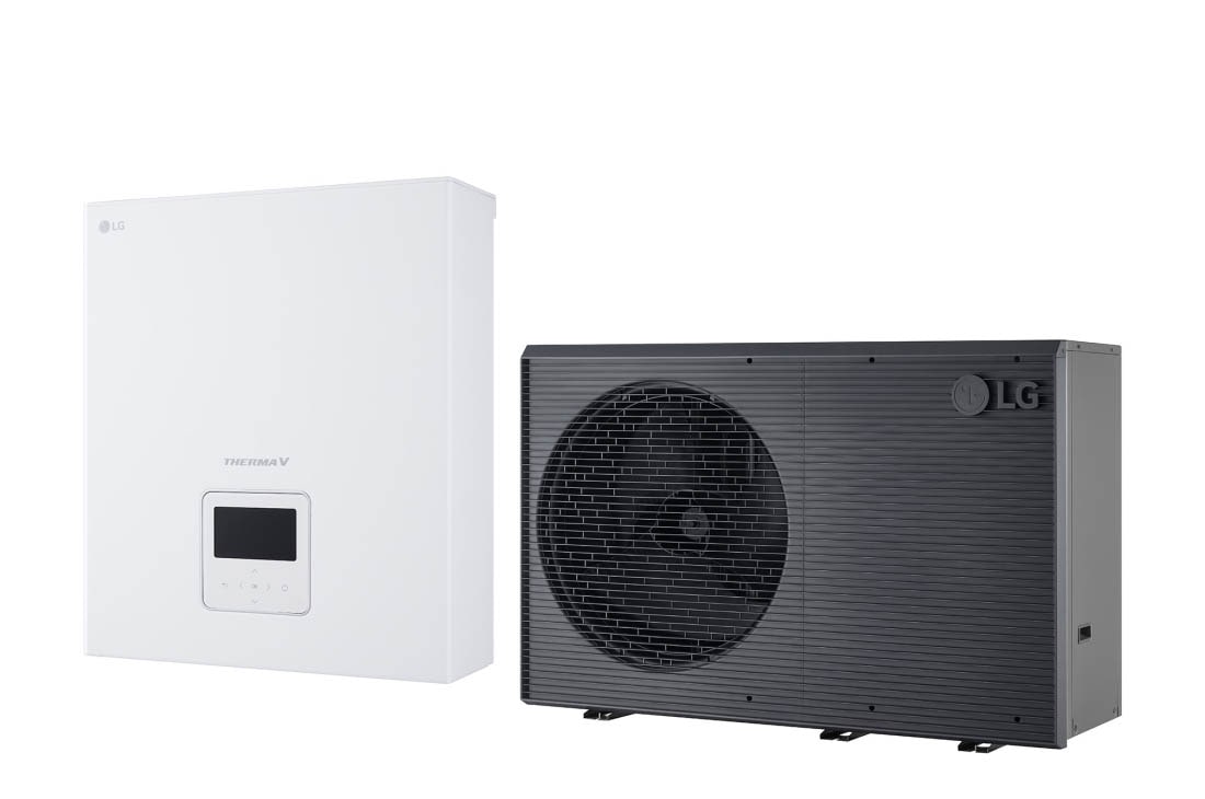 LG R290 Monoblock Steuerungsgerät, 3Ø, 12kW, LG Luft-Wasser-Wärmepumpe THERMA V, schwarzes Außengerät mit grauem Wellengitter, PHCS0 ENCXLEU + HM123HF UB60