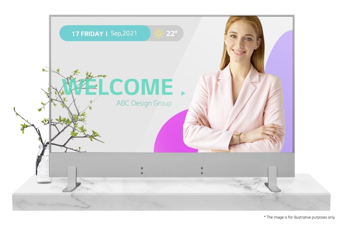 LG Transparente OLED Signage, Frontansicht mit eingefügtem Bild, 55EW5G-A