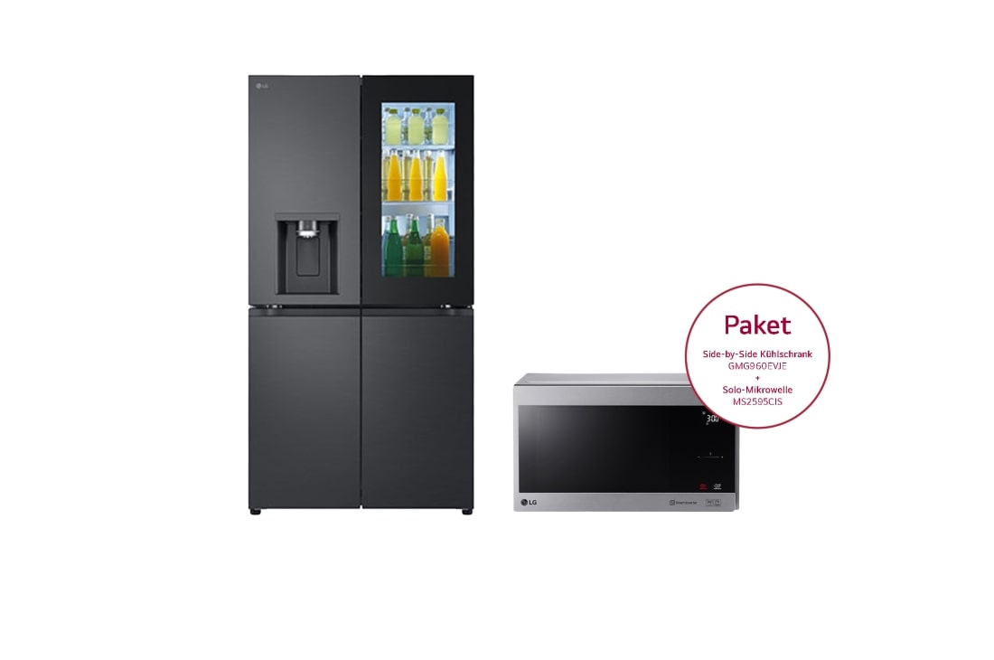 LG Multi Door mit InstaView® | 638 Liter Kapazität | ​Festwasseranschluss |  GMG960EVJE & Solo-Mikrowelle | 25 Liter Kapazität | Leistung 1000 Watt | MS2595CIS, GMG960EVJE.MS2595CIS