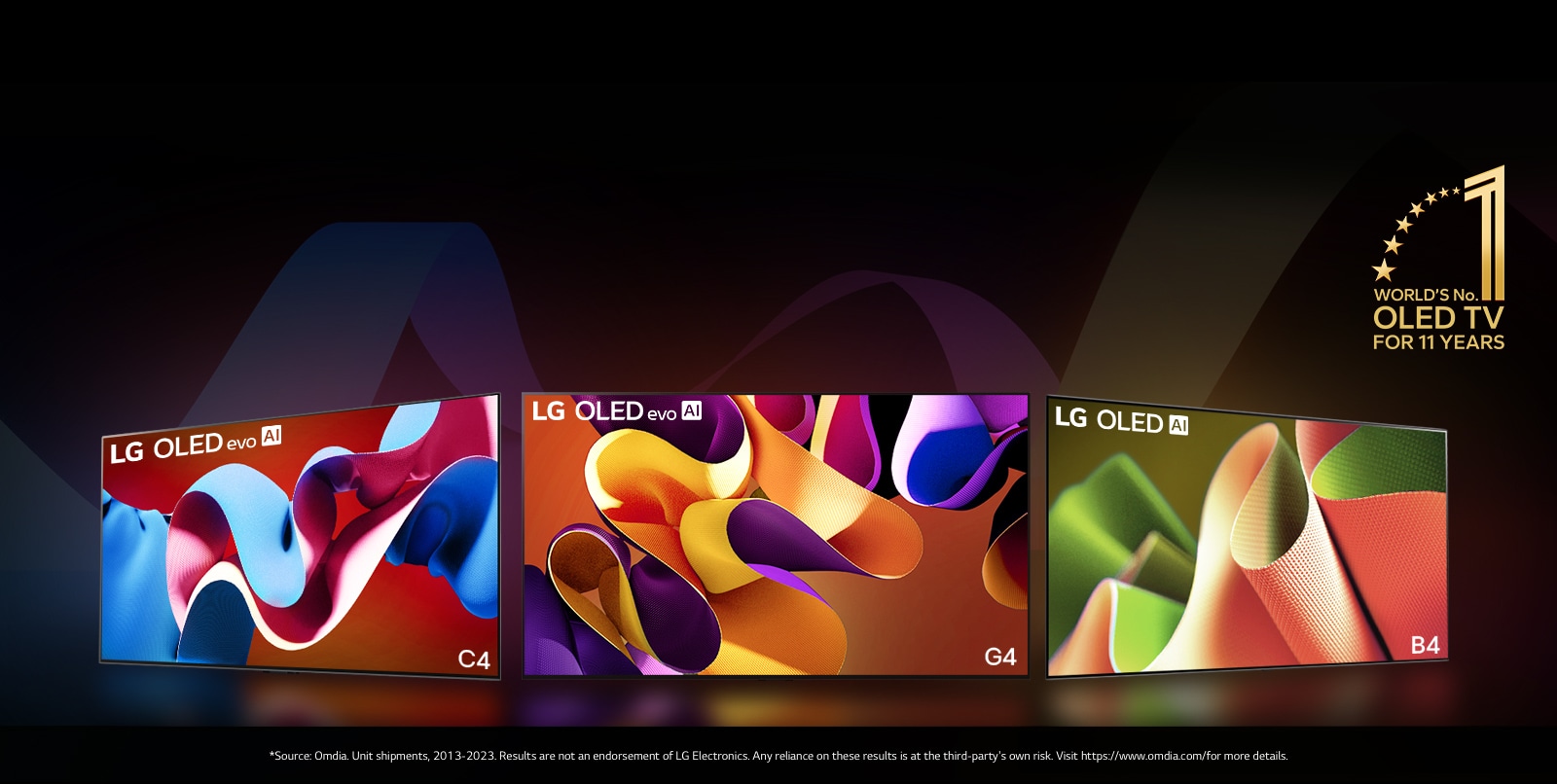 PC: LG OLED evo G4, LG OLED evo C4 und LG OLED B4 nebeneinander, auf jedem ist ein andersfarbiges, abstraktes Kunstwerk zu sehen. Lichter strahlen von jedem Fernseher auf den Boden aus. Das goldene „World’s No.1 OLED TV For 11 Years“-Gütesiegel ist oben rechts zu sehen.  MO: LG OLED evo G4, LG OLED evo C4 und LG OLED B4 in einer Reihe, auf jedem ist ein andersfarbiges, abstraktes Kunstwerk zu sehen. Lichter strahlen von jedem Fernseher auf den Boden aus. Das goldene „World’s No.1 OLED TV For 11 Years“-Gütesiegel ist oben rechts zu sehen.