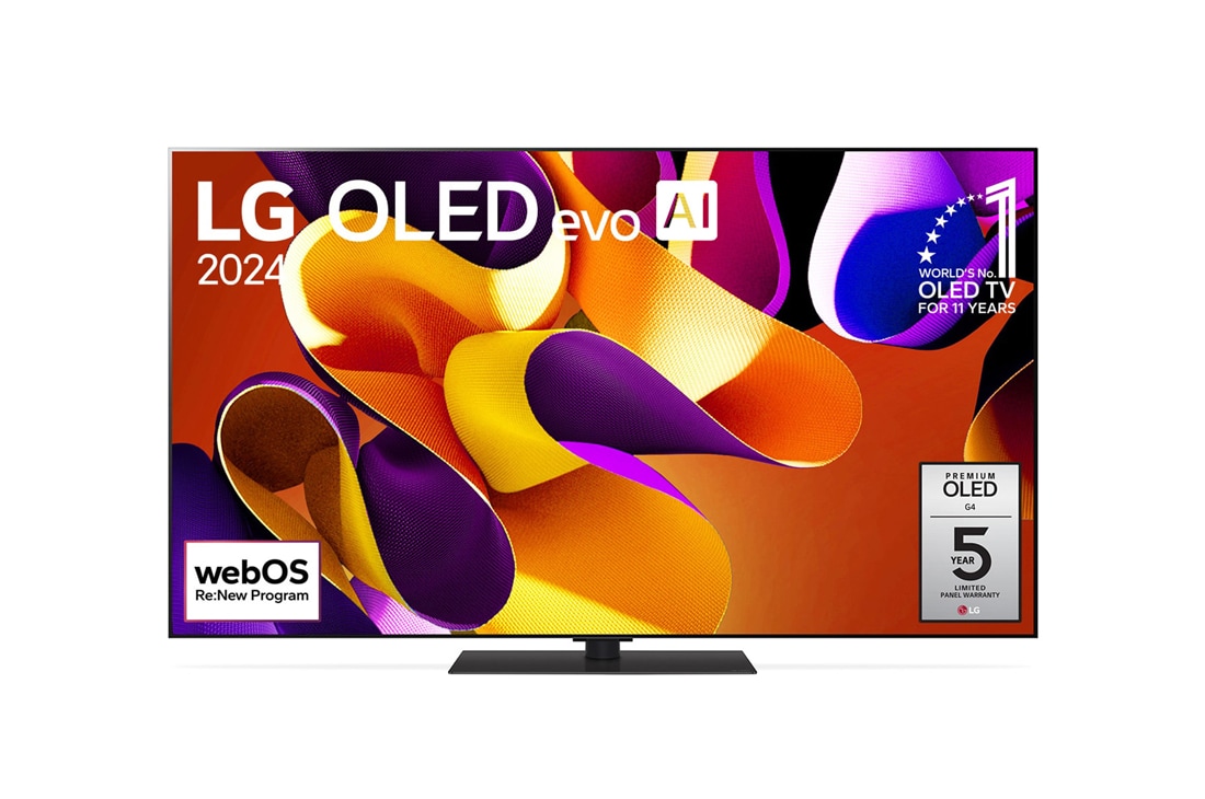 LG 65 Zoll LG OLED evo AI G4 4K Smart TV OLED65G4, Ansicht der Vorderseite des LG OLED evo AI TV, OLED G4. Auf dem Bildschirm befinden sich das OLED-Gütesiegel „Seit 11 Jahren weltweit die Nummer 1“ bei OLED-Gütesiegel, das Logo des „webOS Re:New Prog, OLED65G49LS