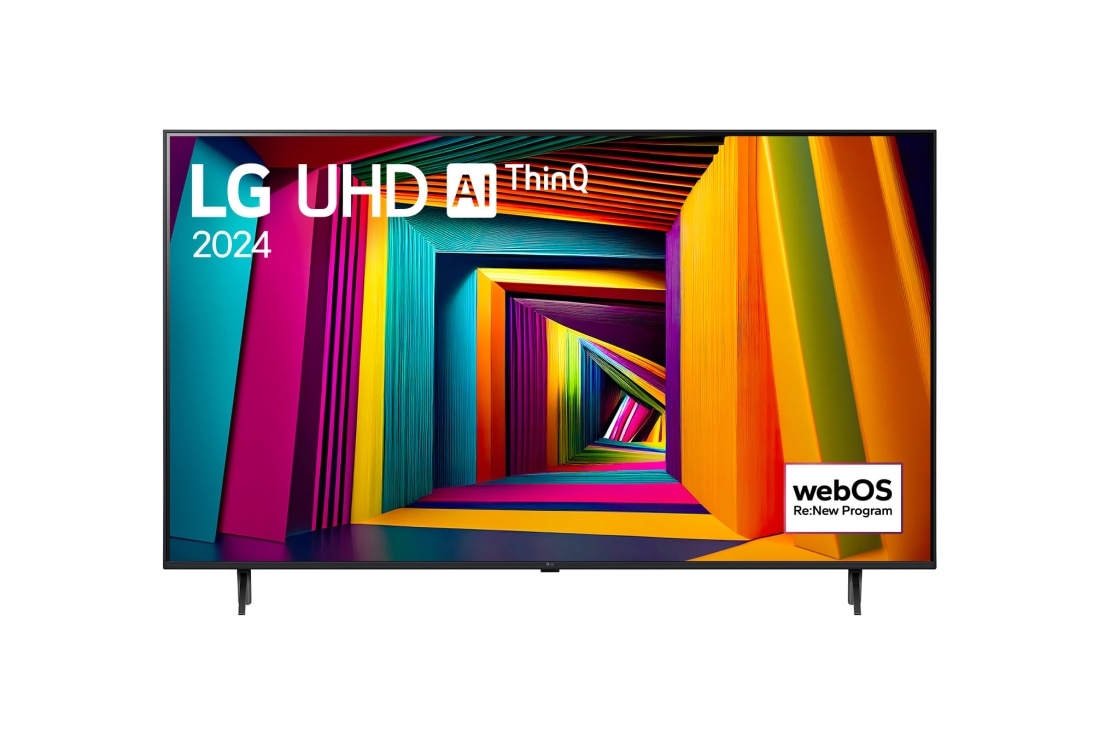 LG 75 Zoll 4K LG UHD Smart UT91, Vorderansicht des LG UHD Fernsehers, UT90 mit Text von LG UHD AI ThinQ und 2024 auf dem Bildschirm, 75UT91006LA