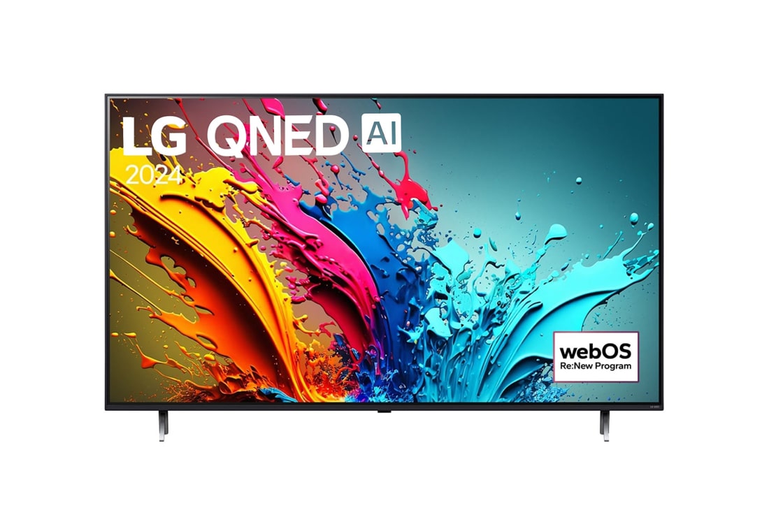 LG 86 Zoll 4K LG QNED AI Smart TV QNED86, Ansicht der Vorderseite des LG QNED TV, QNED85 mit Text LG QNED und 2024 auf dem Bildschirm, 86QNED86T6A