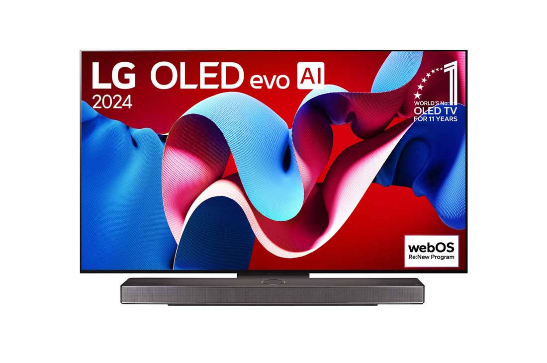 LG 55 Zoll LG OLED evo AI C4 4K Smart TV OLED55C4, Ansicht der Vorderseite des LG OLED evo AI TV, OLED C4. Auf dem Bildschirm befinden sich das OLED-Gütesiegel „Seit 11 Jahren weltweit die Nummer 1“ und das „webOS Re:New“-Logo sowie die Soundbar darun, OLED55C47LA