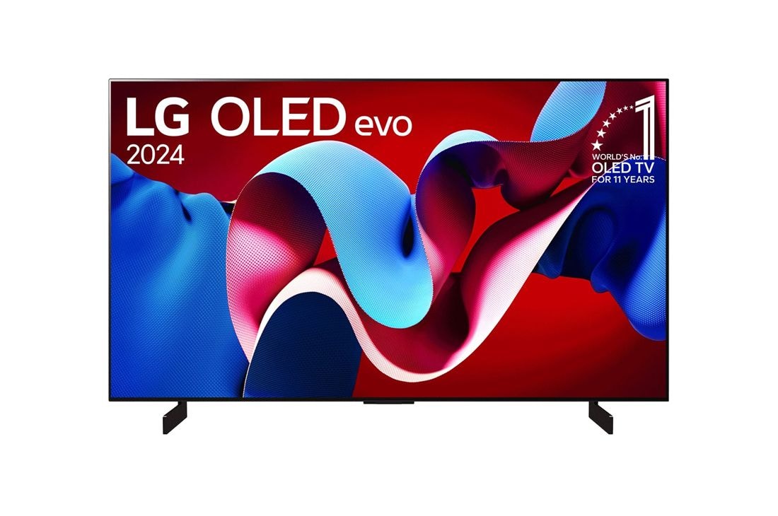 LG 42 Zoll LG OLED evo C4 4K Smart TV OLED42C4, Front view with LG OLED evo TV, OLED C4, 11 Years of world number 1 OLED Emblem and webOS Re:New Program logo on screen, OLED42C47LA