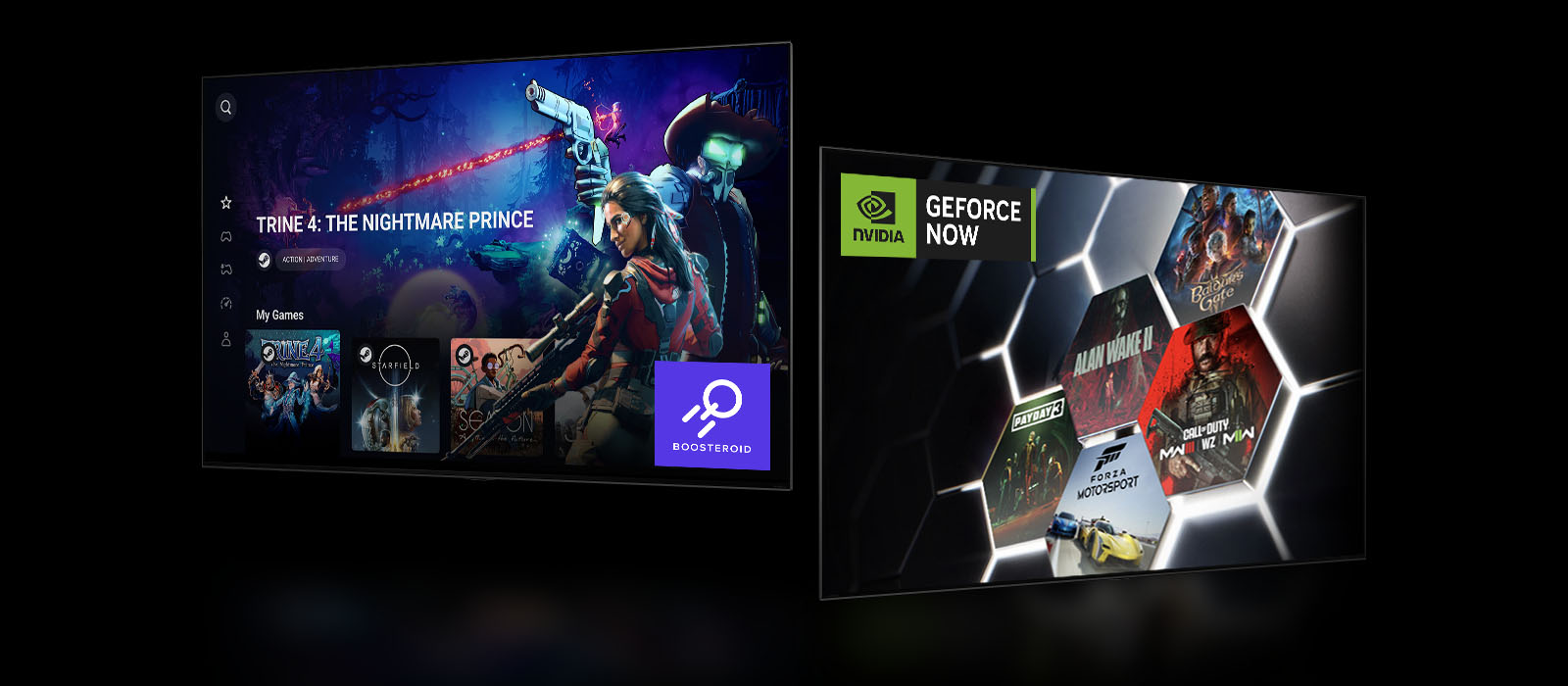 Ein Boosteroid-Startbildschirm mit der Anzeige „Trine 4: The Nightmare Price“. Ein GeForce-NOW-Startbildschirm mit fünf verschiedenen Spiel-Miniaturansichten auf der rechten Seite. 