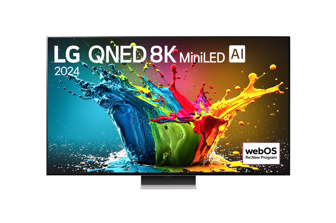 LG 86 Zoll 8K LG QNED MiniLED AI Smart TV QNED99, Ansicht der Vorderseite des LG QNED TV, QNED99 mit Text LG QNED 8K MiniLED und 2024 auf dem Bildschirm, 86QNED99T9B