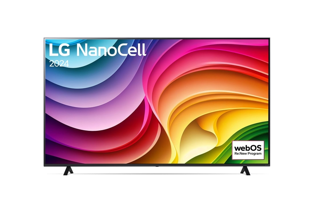 LG 75 Zoll 4K LG NanoCell Smart TV NANO82, Vorderansicht des LG NanoCell-Fernsehers, NANO80 mit Text „LG NanoCell“ und „2024“ auf dem Bildschirm, 75NANO82T6B