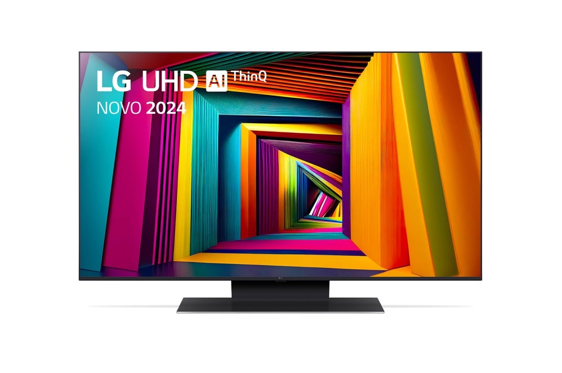 LG 43 Zoll 4K LG UHD Smart UT91, Vorderansicht des LG UHD Fernsehers, UT90 mit Text von LG UHD AI ThinQ und 2024 auf dem Bildschirm, 43UT91006LA