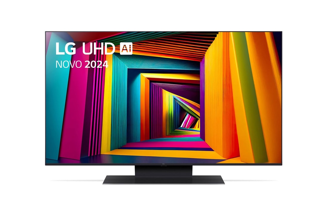 LG 43 Zoll 4K LG UHD AI Smart UT91, Vorderansicht des LG UHD Fernsehers, UT90 mit Text von LG UHD AI ThinQ und 2024 auf dem Bildschirm, 43UT91006LA