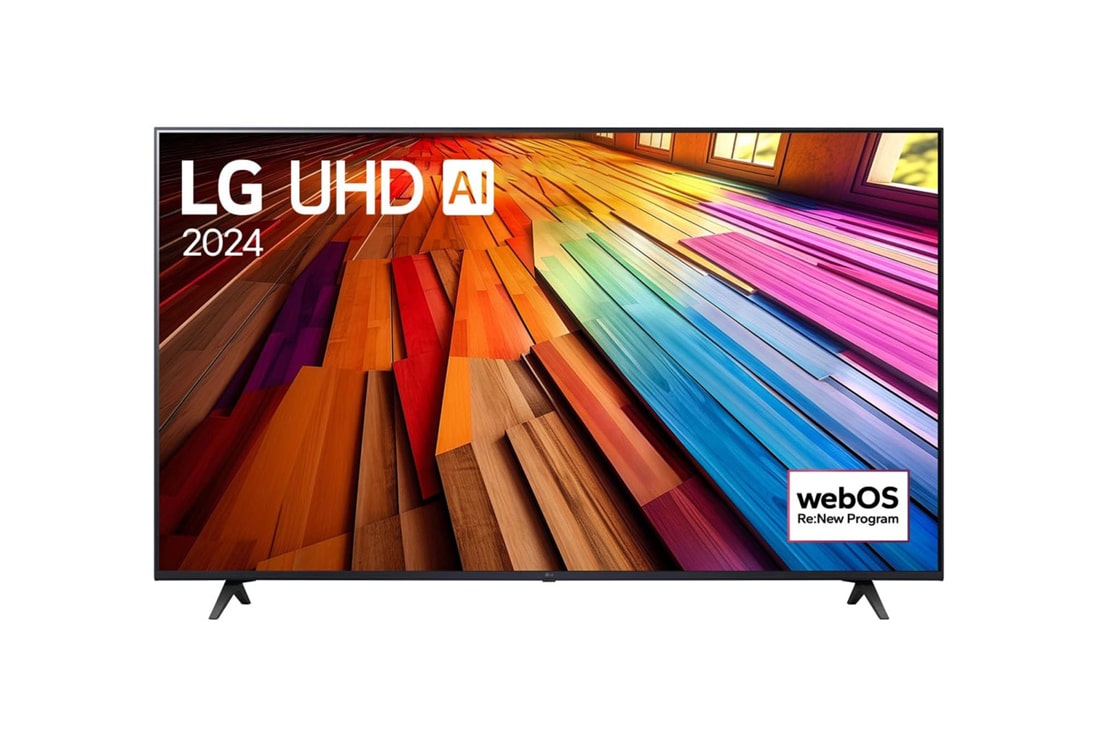 LG 65 Zoll 4K LG UHD AI Smart TV UT80, Vorderansicht des LG UHD TV, UT80 mit Text von LG UHD AI ThinQ und 2024 auf dem Bildschirm, 65UT80006LA