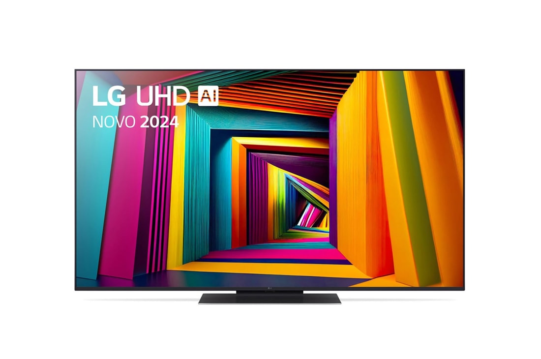 LG 55 Zoll 4K LG UHD AI Smart UT91, Vorderansicht des LG UHD Fernsehers, UT90 mit Text von LG UHD AI ThinQ und 2024 auf dem Bildschirm, 55UT91006LA