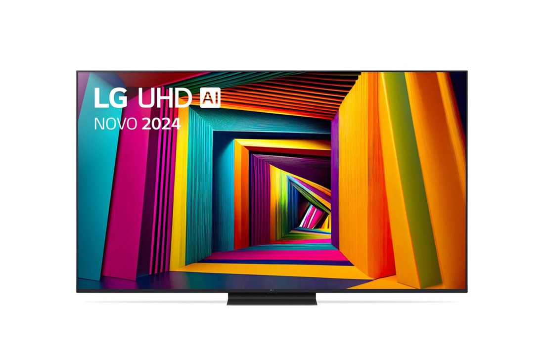 LG 65 Zoll 4K LG UHD AI Smart UT91, Vorderansicht des LG UHD Fernsehers, UT90 mit Text von LG UHD AI ThinQ und 2024 auf dem Bildschirm, 65UT91006LA